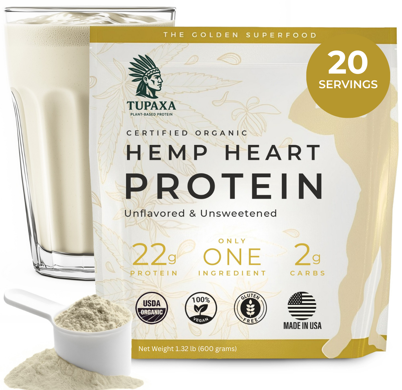 TUPAXA Organic Hemp Protein Powder – Unflavored – 20 Servings