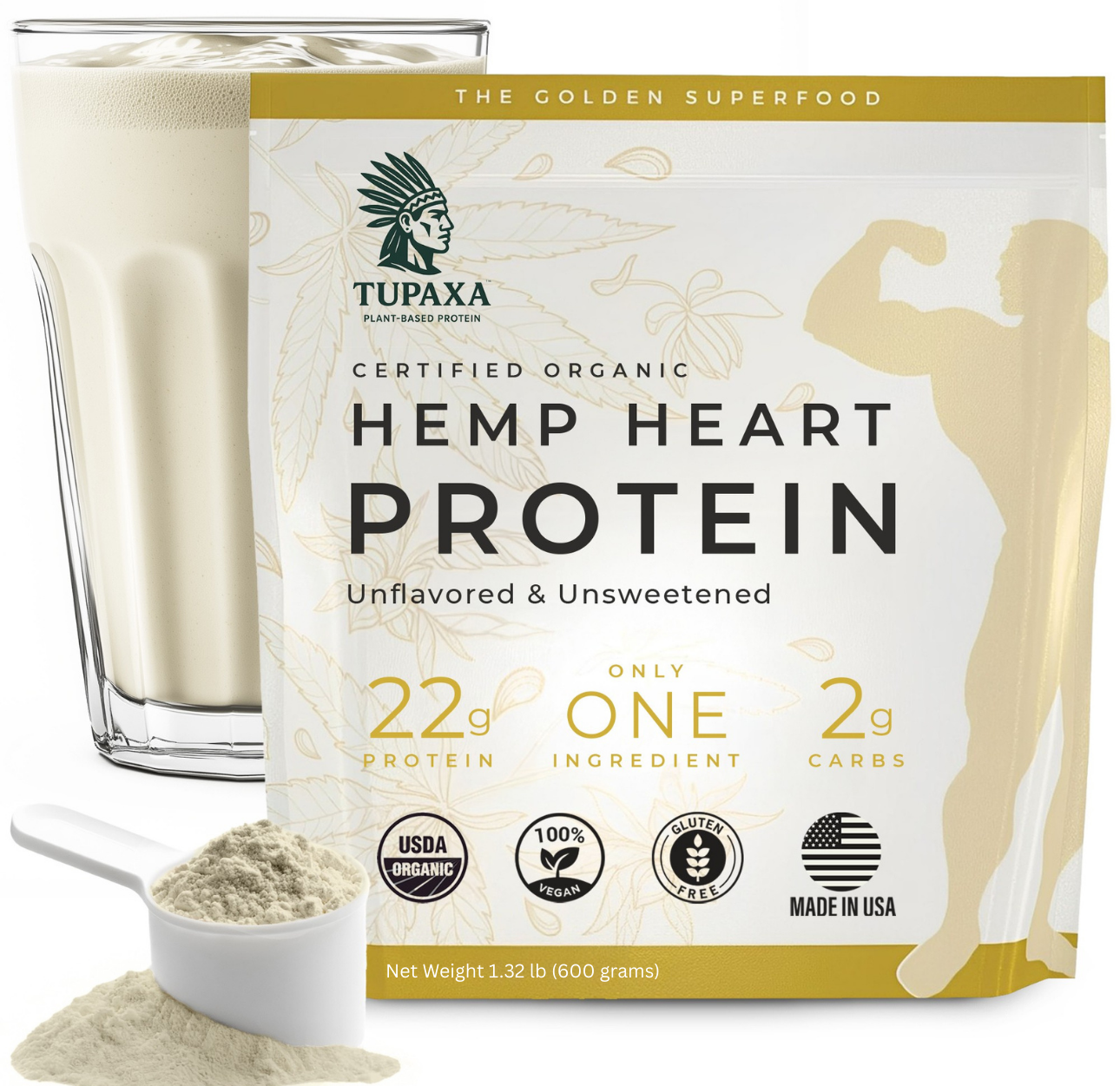 TUPAXA Organic Hemp Protein Powder – Unflavored – 20 Servings