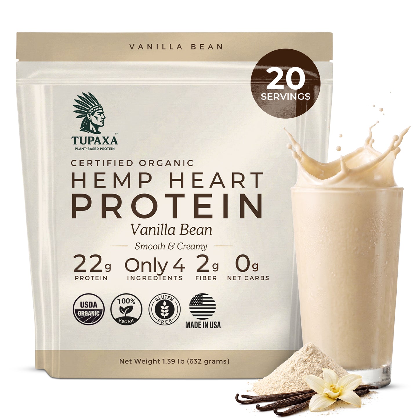 TUPAXA Organic Hemp Protein Powder – Vanilla – 20 Servings